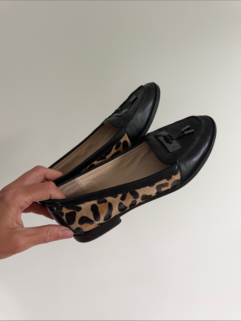 Calvin Klein Black and Leopard Haircalf Tassel Loafers